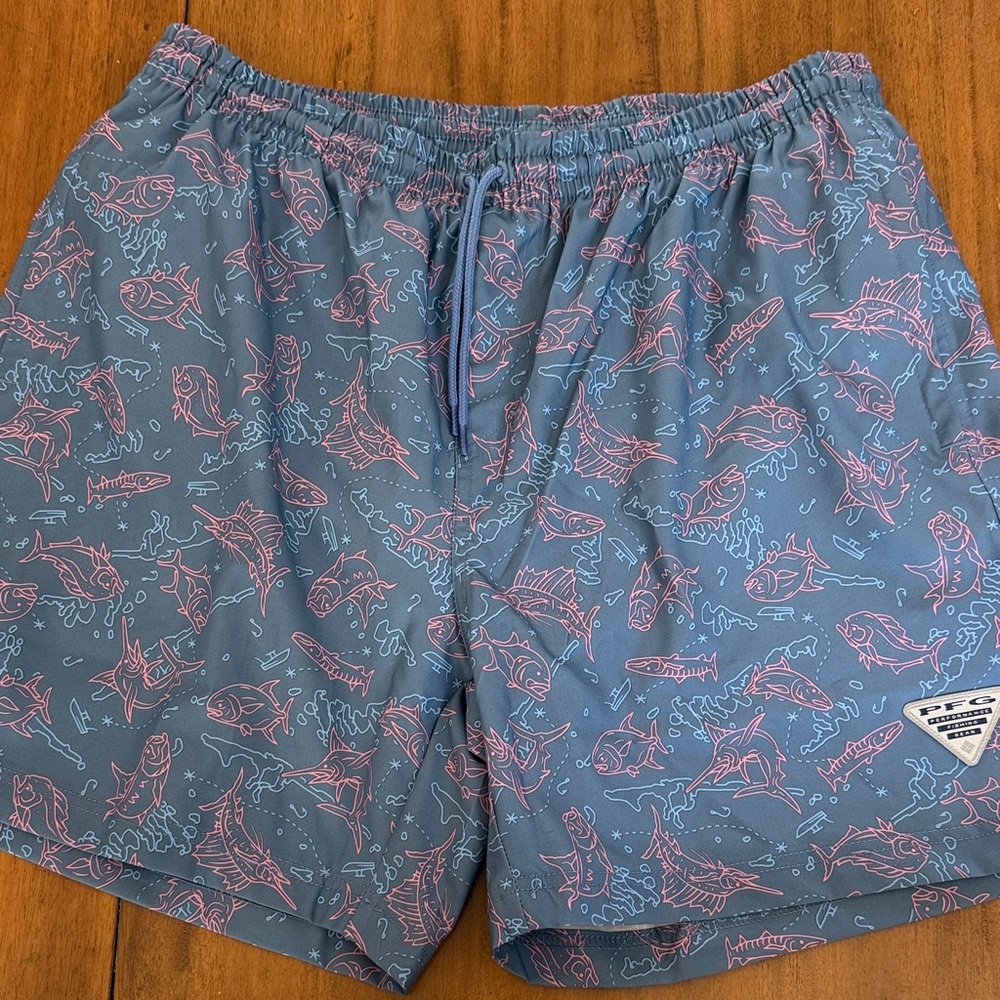 Columbia Men's Swim Trunks - Blue with Pink Pattern